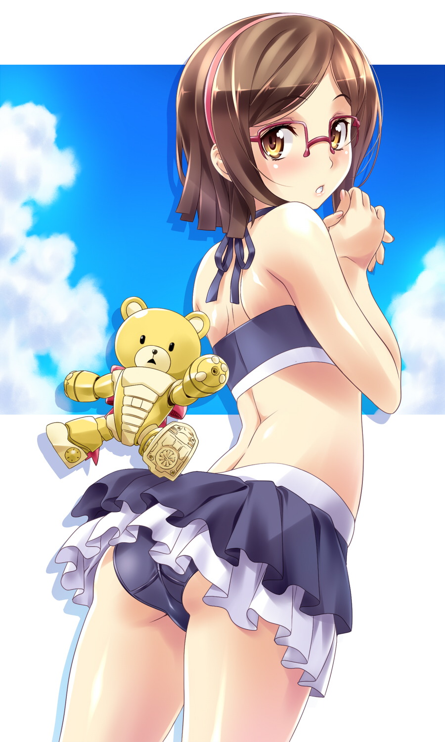 1girl, ass, beargguy_iii, bikini, blush, brown_eyes, brown_hair, glasses
