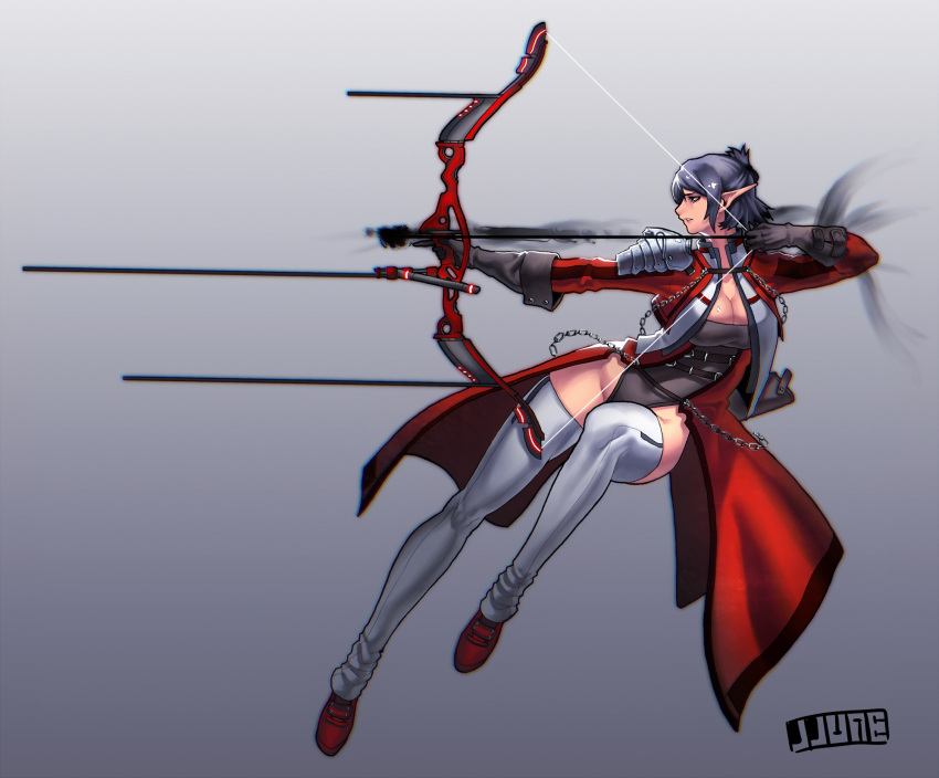 1girl, aiming, archery, arrow, bow_(weapon), breasts, chain, cleavage