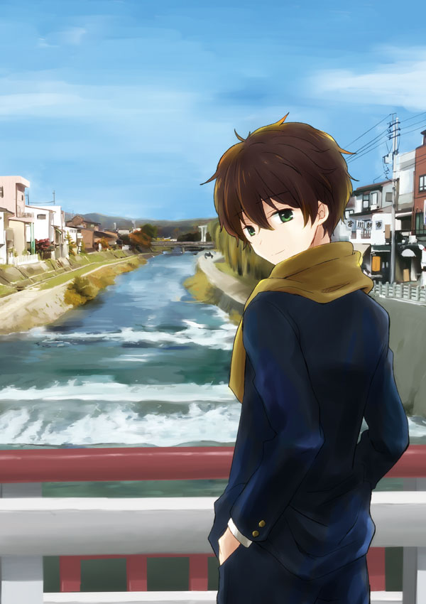 1girl, brown_hair, gakuran, green_eyes, hyouka, looking_back, oreki_houtarou, scarf