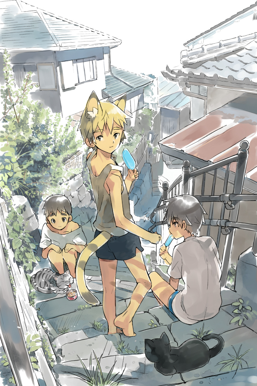 3boys, animal_ears, black_cat, black_hair, blonde_hair, brick_wall, cat, cat_ears