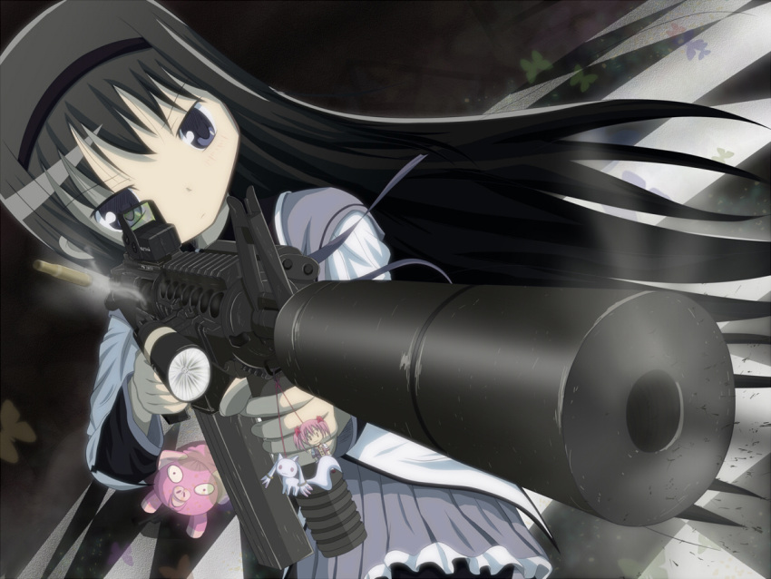 1girl, akemi_homura, black_hair, casing_ejection, character_doll, checkered, checkered_floor, commentary_request, eotech, hairband, kaname_madoka, kyubey, long_hair, magical_girl, mahou_shoujo_madoka_magica, mark_18_cqbr, pig, pink_hair, shell_casing, short_hair, solo, suppressor, tagme, tenchou_no_matsumoto, violet_eyes