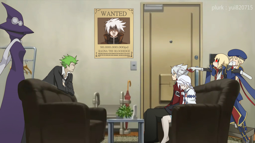 3boys, 3girls, ahoge, blazblue, blonde_hair, cape, eyepatch, green_hair