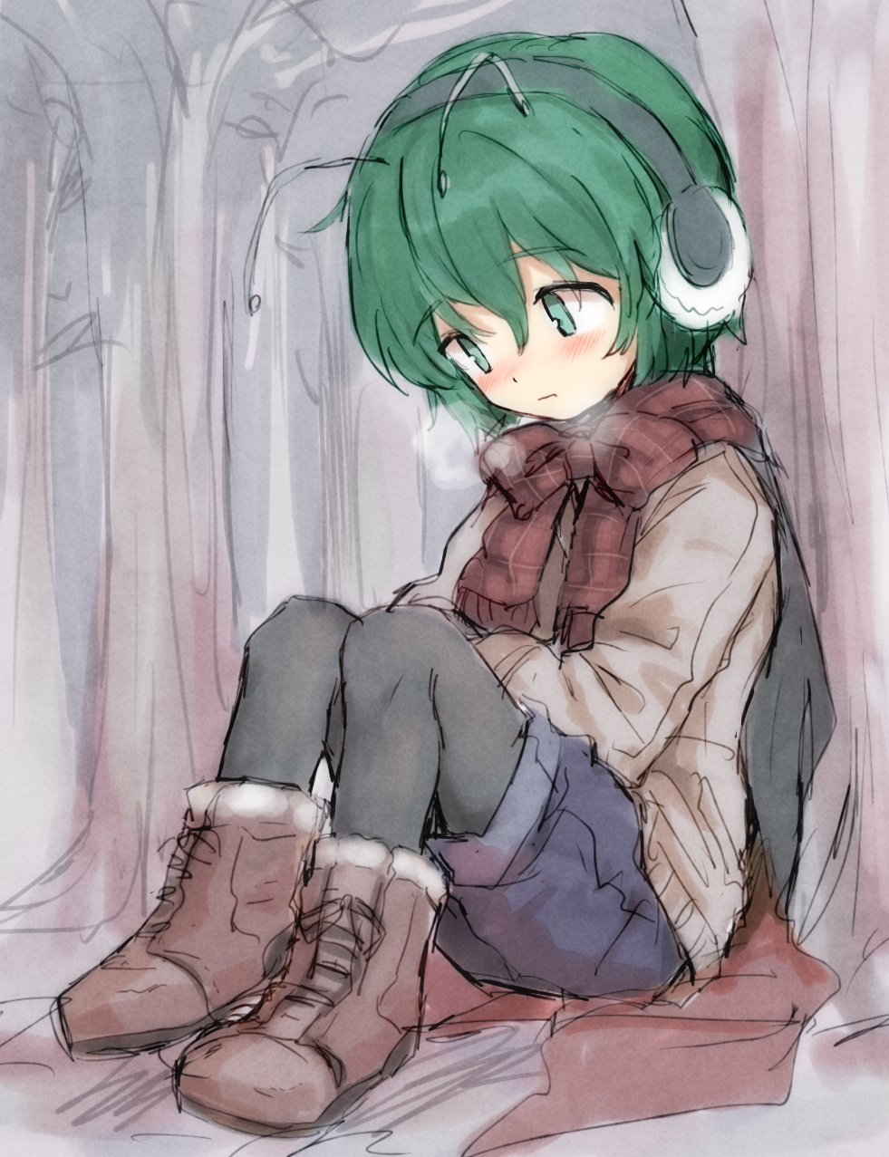 1girl, against_tree, antennae, blush, boots, breath, coat, cross-laced_footwear