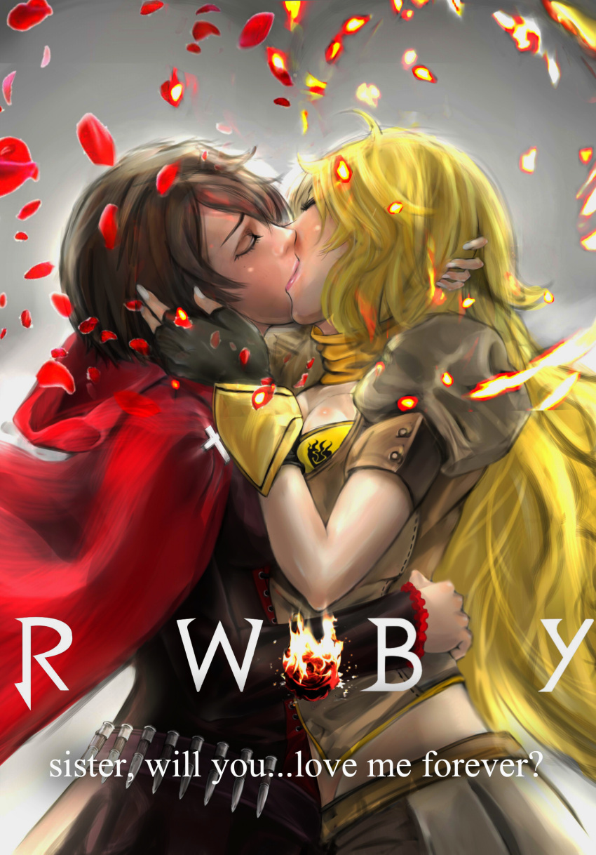 2girls, bandolier, blonde_hair, breasts, bullet, cape, cleavage, closed_eyes
