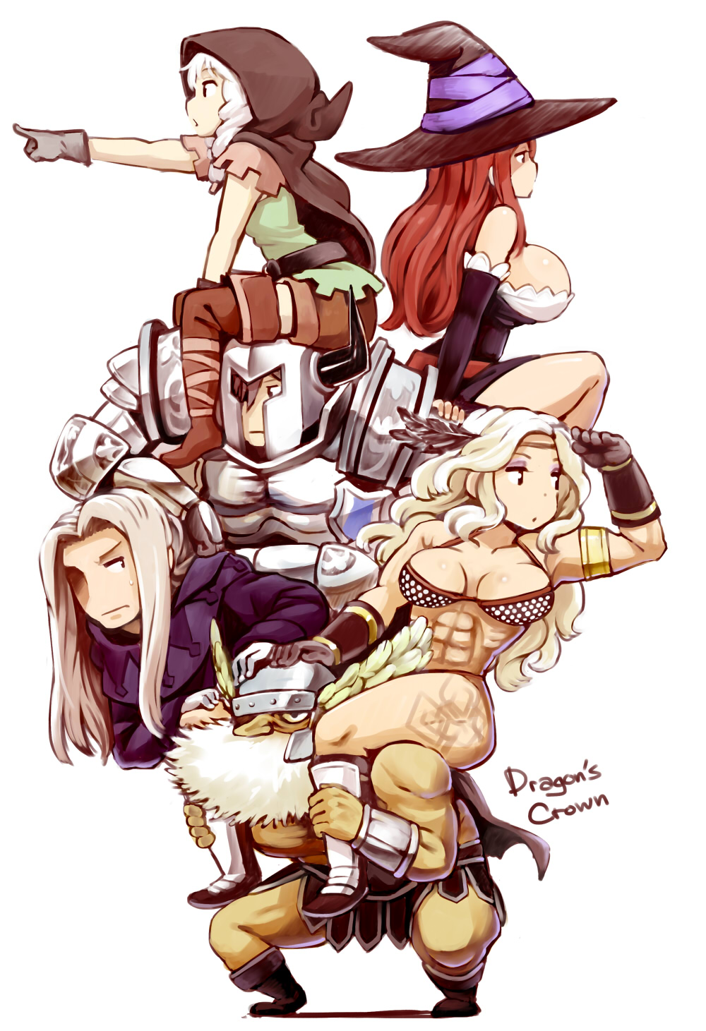 3boys, 3girls, amazon_(dragon's_crown), armor, bare_shoulders, beard, blonde_hair, boots, braid, breasts, brown_eyes, brown_hair, cleavage, detached_sleeves, dragon's_crown, dwarf_(dragon's_crown), elf, elf_(dragon's_crown), facial_hair, fighter_(dragon's_crown), gloves, hair_over_one_eye, hat, helmet, highres, hood, huge_breasts, large_breasts, long_hair, multiple_boys, multiple_girls, muscle, nagian, open_mouth, piggyback, pointing, pointy_ears, shorts, sorceress_(dragon's_crown), sweatdrop, thigh-highs, thigh_boots, twin_braids, white_hair, winged_helmet, witch_hat, wizard_(dragon's_crown)