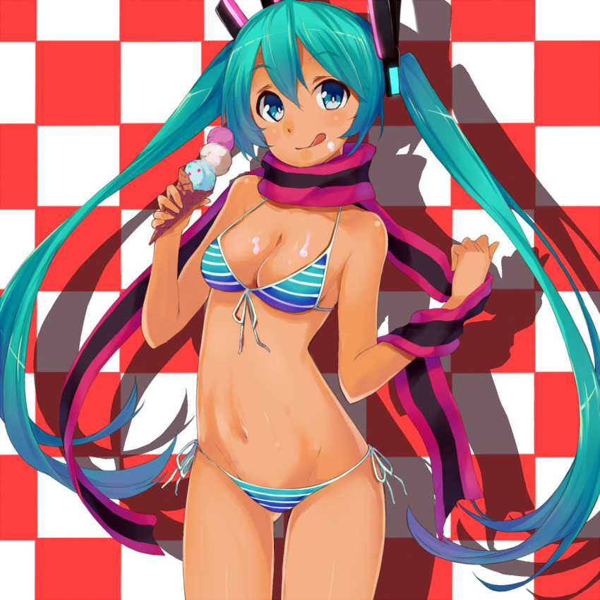 1girl, :q, aqua_eyes, aqua_hair, bikini, checkered, checkered_background, food