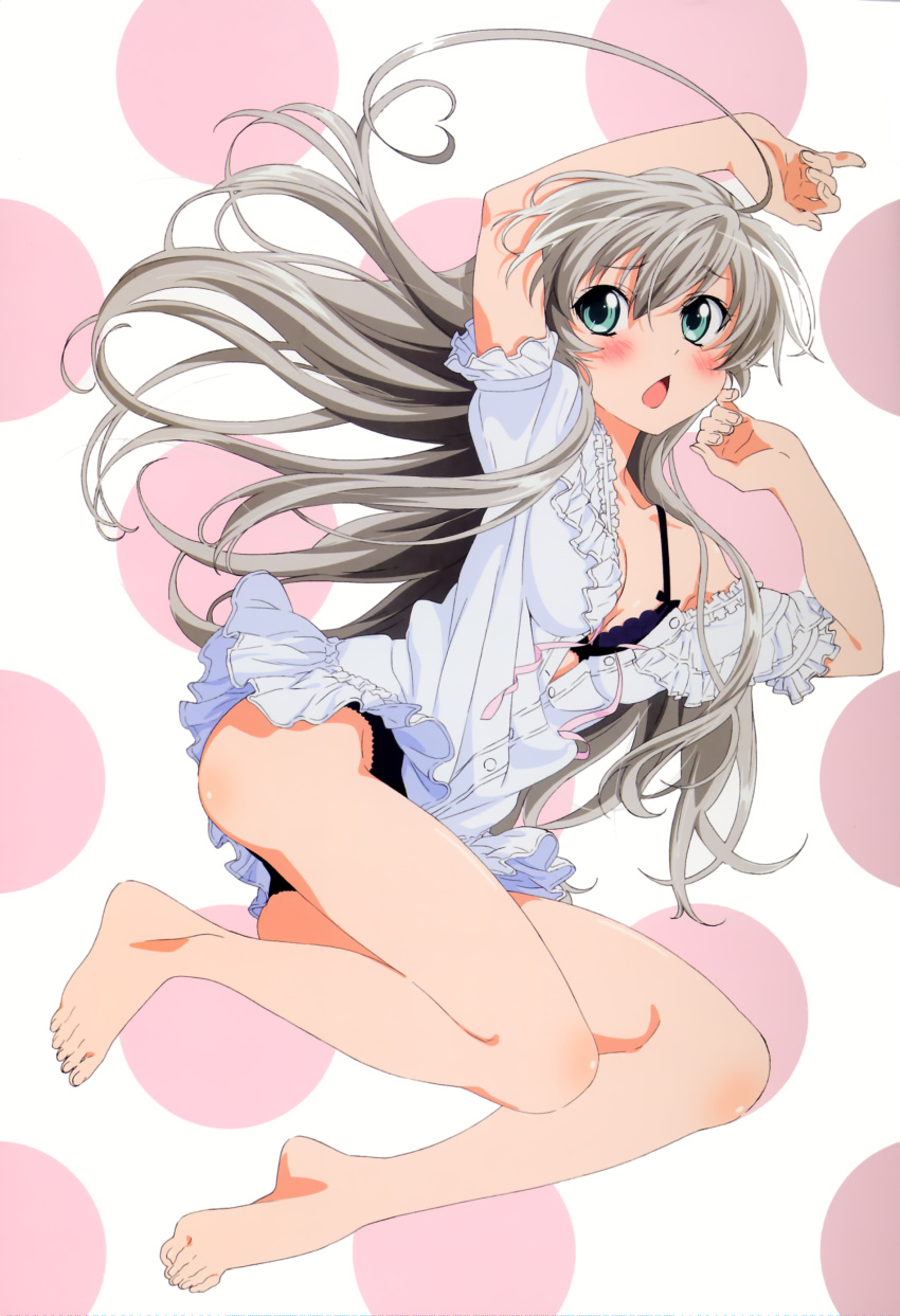 1girl, absurdres, ahoge, arms_up, bare_legs, barefoot, black_bra, black_panties