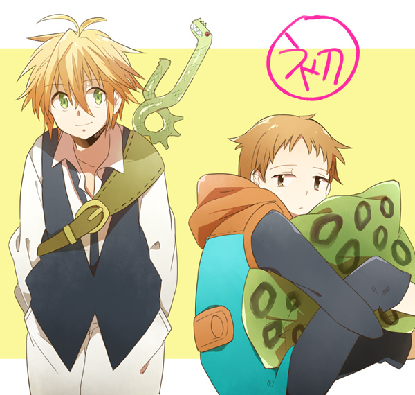 2boys, 310_(satopoppo), belt, blonde_hair, boots, brown_eyes, brown_hair, floating