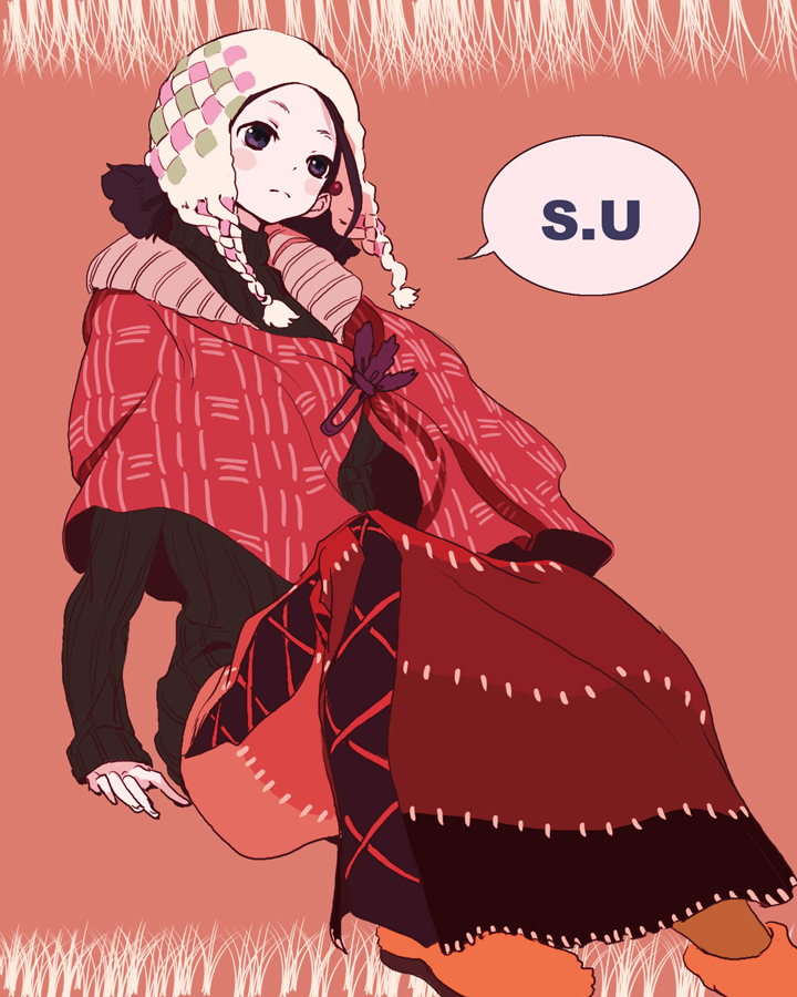 1girl, arm_support, beanie, black_hair, blue_eyes, blush_stickers, boots, casual