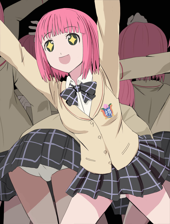 1girl, bob_cut, bowtie, haruyama_kazunori, miniskirt, open_mouth, panties, pantyshot