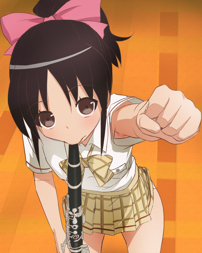 1girl, arm_up, armpits, black_eyes, black_hair, bow, bowtie, clarinet, floor, from_above, hair_bow, haruyama_kazunori, instrument, looking_at_viewer, looking_up, miniskirt, panties, pantyshot, pantyshot_(standing), plaid, plaid_skirt, playing_instrument, pleated_skirt, ponytail, raised_fist, school_uniform, short_sleeves, skirt, solo, standing, tanaka_koharu, tesagure!_bukatsu-mono, underwear, white_panties, wooden_floor