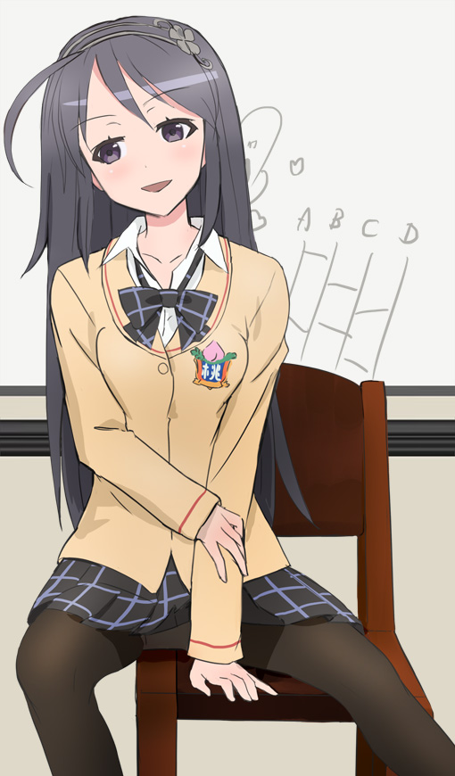1girl, amidakuji, between_legs, between_thighs, black_eyes, black_hair, black_legwear, bowtie