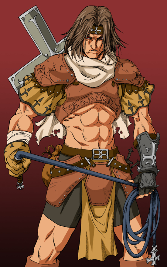 abs, belt, brown_hair, castlevania, cross, fingerless_gloves, gloves, headband, loincloth, male, manly, muscle, navel, shoulder_pads, simon_belmont, solo, tonbo_mam, whip