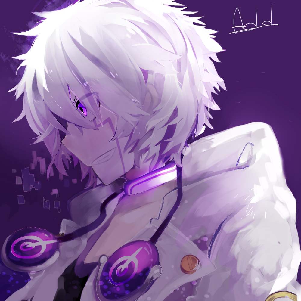 1boy, add_(elsword), aki_(a2006p1074), character_name, coat, elsword, grin, male, purple, purple_background, smile, solo, tattoo, violet_eyes, white_hair