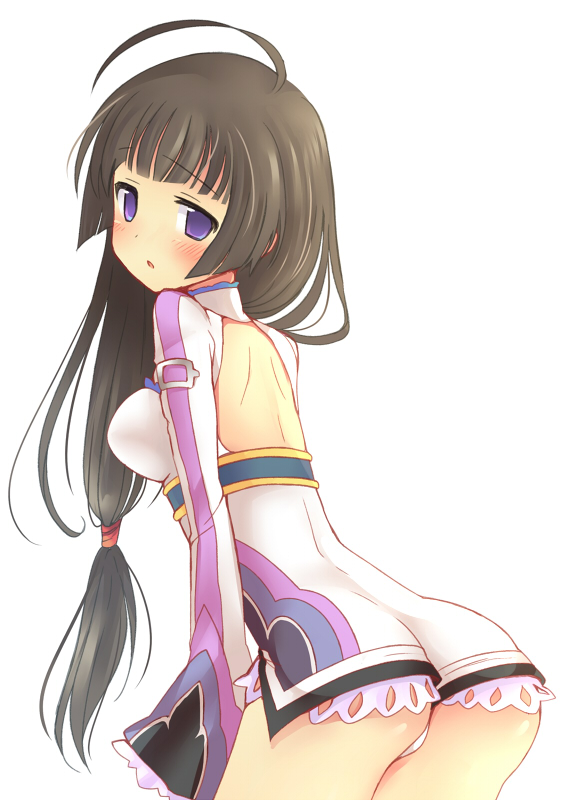 1girl, ahoge, ass, back_cutout, black_hair, blush, ebi_shamo, hair_over_shoulder