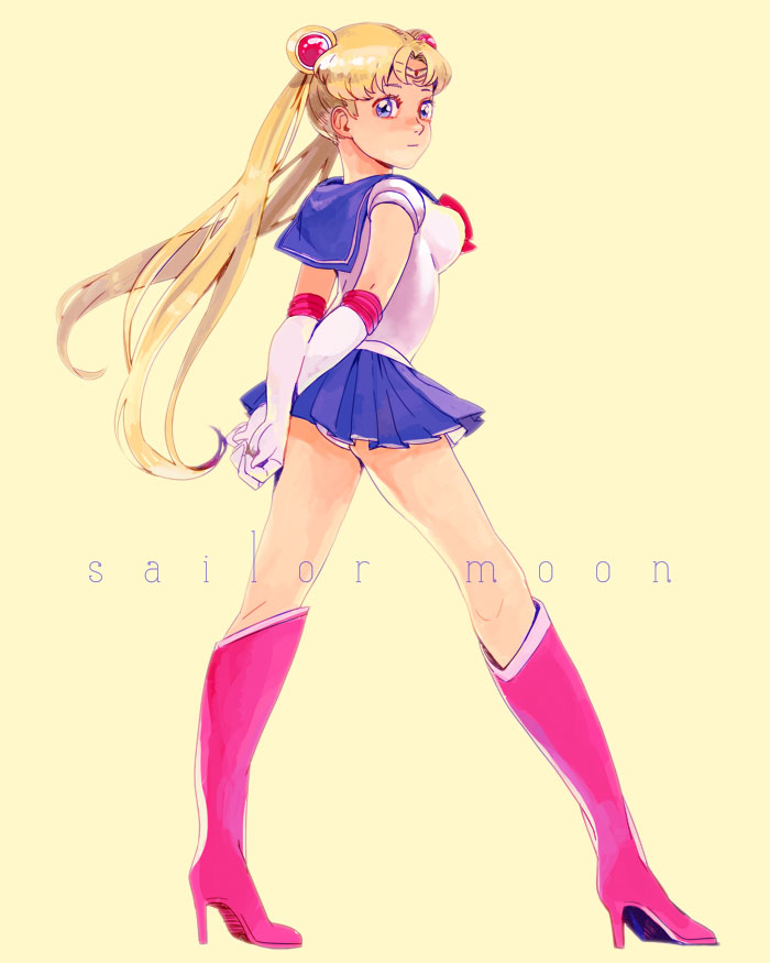 1girl, arms_behind_back, bishoujo_senshi_sailor_moon, blonde_hair, blue_eyes, blue_skirt, character_name, double_bun, elbow_gloves, full_body, gloves, high_heel_boots, high_heels, kariya8, long_hair, miniskirt, red_boots, sailor_moon, simple_background, skirt, solo, tsukino_usagi, twintails, white_gloves