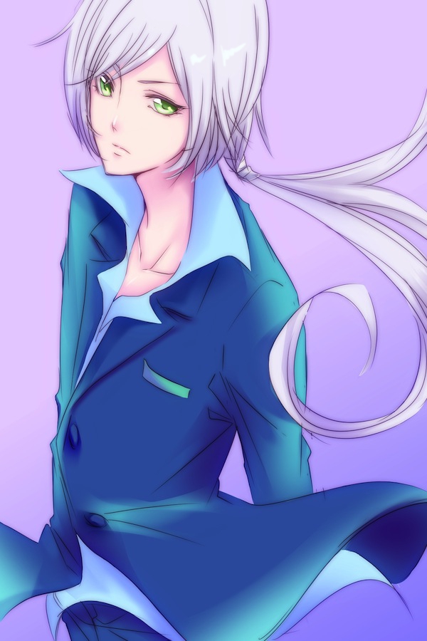 1boy, androgynous, bishoujo_senshi_sailor_moon, formal, green_eyes, long_hair, ponytail, purple_background