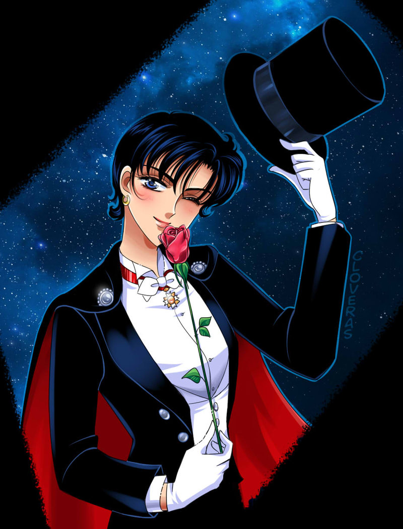 1girl, artist_name, bishoujo_senshi_sailor_moon, black_hair, blue_eyes, cape, chiba_mamoru, cloveras