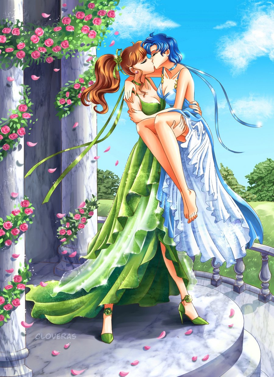 2girls, artist_name, bare_legs, barefoot, bishoujo_senshi_sailor_moon, blue_dress, blue_hair, carrying, choker, closed_eyes, cloveras, couple, dress, flower, full_body, gown, green_dress, high_heels, highres, kino_makoto, kiss, mizuno_ami, multiple_girls, outdoors, petals, pillar, pink_rose, princess_carry, princess_jupiter, princess_mercury, rose, rose_bush, rose_petals, short_hair, standing, yuri