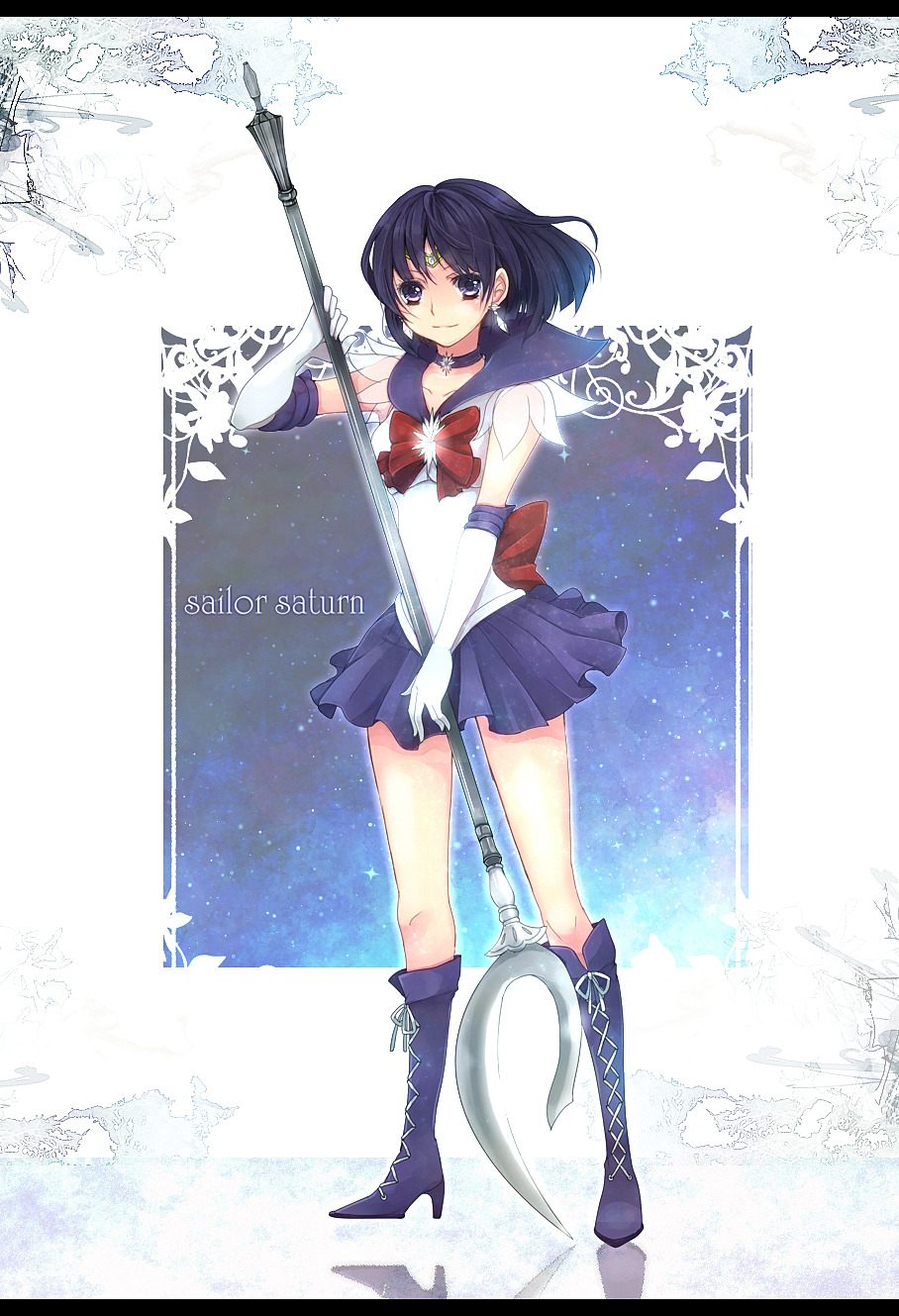 1girl, albatross_m, bishoujo_senshi_sailor_moon, black_hair, boots, character_name, choker, cross-laced_footwear, crystal, earrings, elbow_gloves, full_body, gloves, high_heel_boots, highres, jewelry, knee_boots, letterboxed, pleated_skirt, purple_boots, purple_skirt, sailor_saturn, short_hair, silence_glaive, skirt, solo, standing, tomoe_hotaru, violet_eyes, weapon