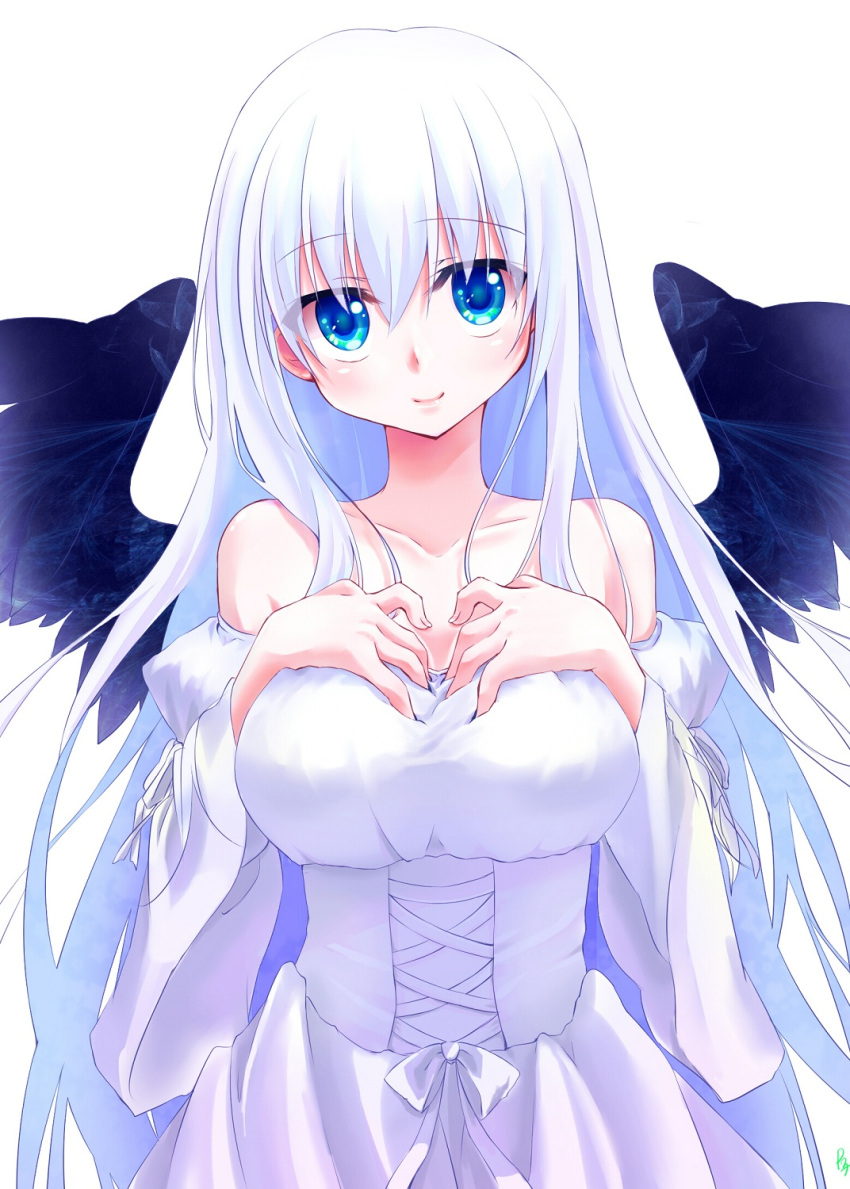 1girl, angel_wings, bare_shoulders, black_wings, blue_eyes, blush, borrowed_character, breasts