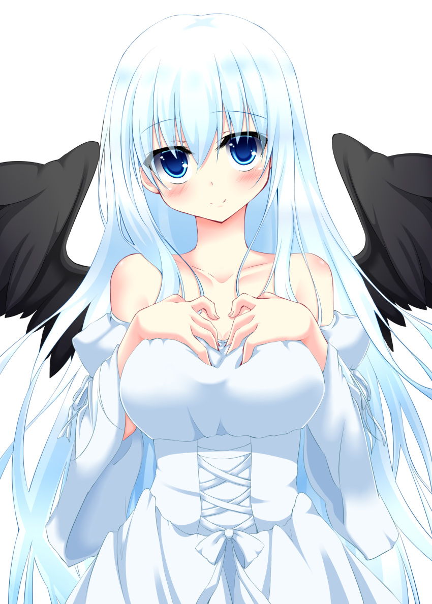 1girl, angel_wings, bare_shoulders, black_wings, blue_eyes, blush, borrowed_character, breasts