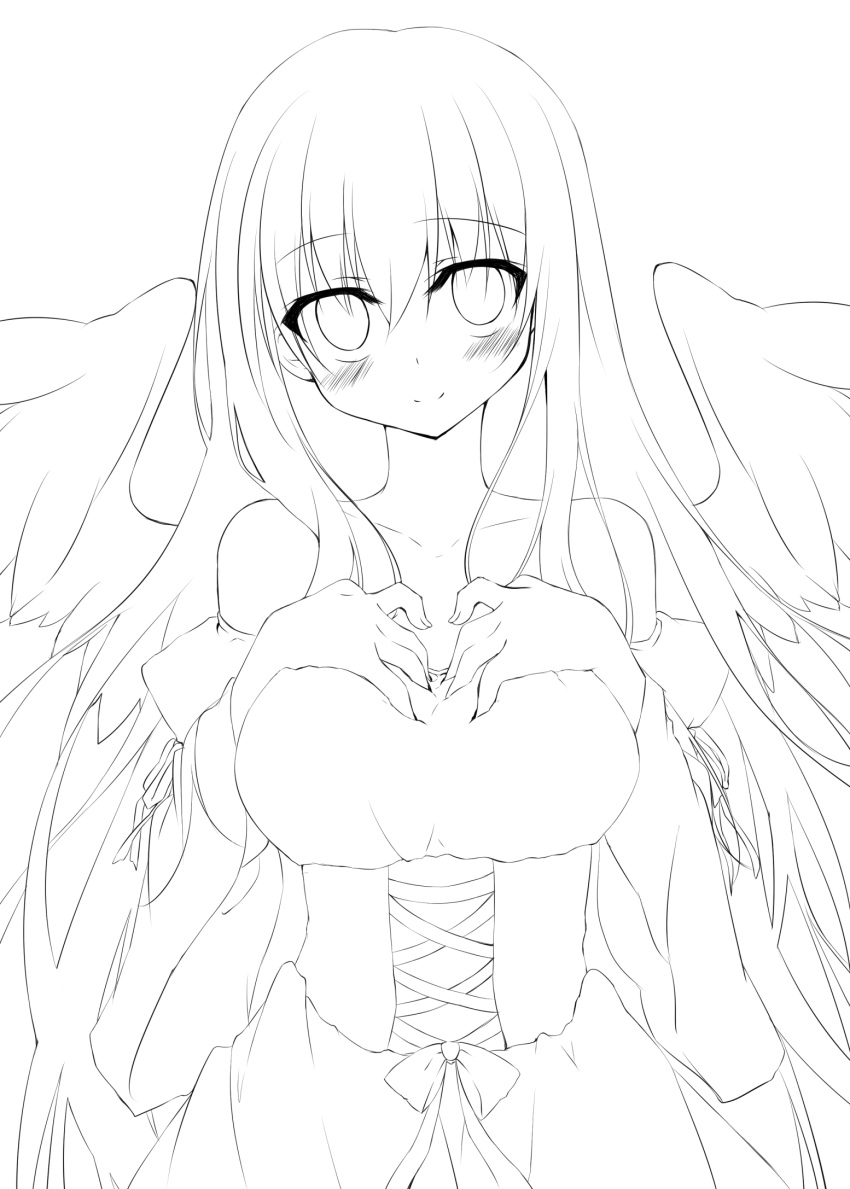 1girl, angel_wings, bare_shoulders, blush, breasts, dress, fiira_(inose_riku), hands_on_own_chest