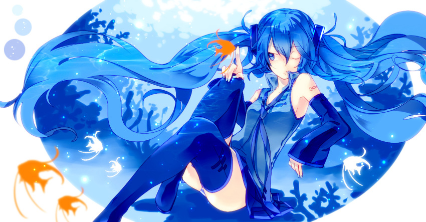 1girl, armpits, blue_eyes, blue_hair, detached_sleeves, fish, floating_hair, hatsune_miku