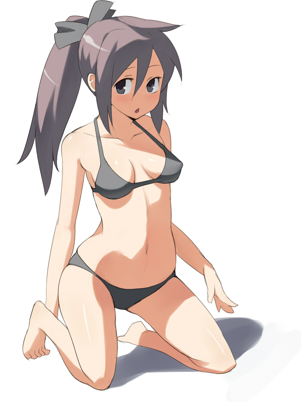 bikini, black_eyes, black_hair, domu, kneeling, long_hair, original, ponytail