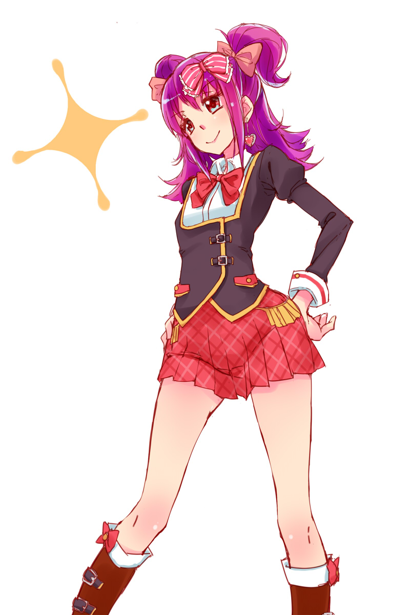 1girl, aikatsu!, blush, boots, bow, hair_bow, hands_on_hips, highres