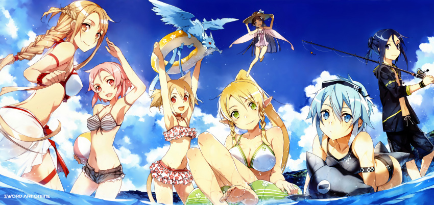 1boy, 6+girls, :d, abec, absurdres, all_fours, animal_ears, arm_strap