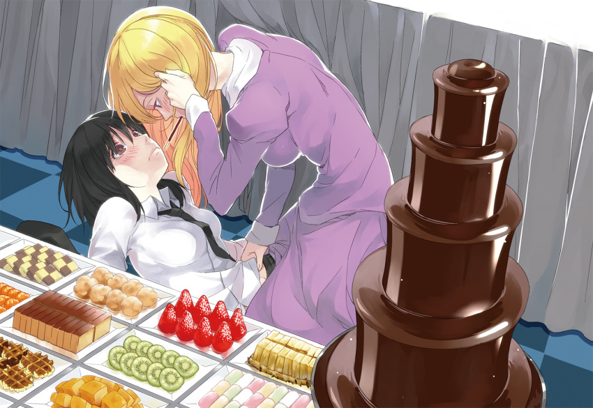2girls, black_hair, blonde_hair, blue_eyes, blush, brown_eyes, cake, checkered, chocolate, chocolate_fountain, dress, food, fruit, hand_in_hair, kiwifruit, long_hair, looking_at_another, maribel_hearn, multiple_girls, necktie, no_hat, pineapple, pocky, purple_dress, shiro_negi, shirt, short_hair, strawberry, sweets, table, touhou, usami_renko, white_shirt, yuri