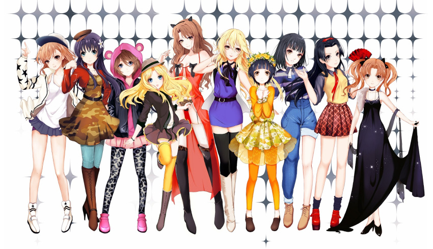 6+girls, adjusting_hair, animal_ears, animal_hood, black_hair, blonde_hair, blue_eyes, boots
