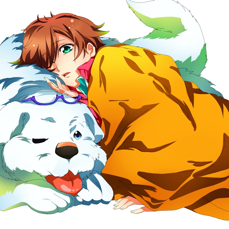1boy, black_(pixiv), blanket, brown_hair, dog, glasses, glasses_removed, hair_over_one_eye