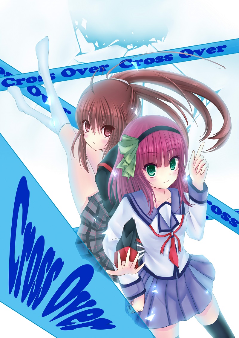 2girls, ahoge, angel_beats!, brown_hair, company_connection, crossover, green_eyes, hairband, key_(company), little_busters!!, long_hair, mitsuki_yuu, multiple_girls, natsume_rin, plaid, plaid_skirt, ponytail, purple_hair, red_eyes, school_uniform, sendou_hachi, serafuku, short_hair, skirt, thighhighs, yuri_(angel_beats!)
