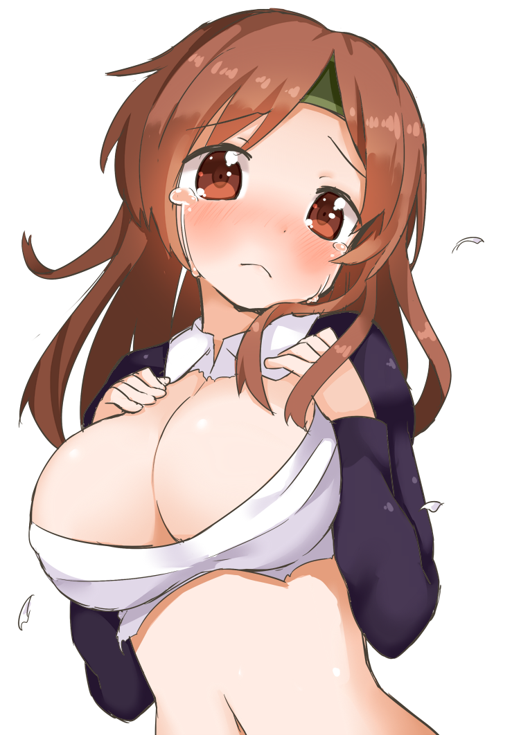 blush, breasts, brown_eyes, brown_hair, chiyoda_(kantai_collection), cleavage, headband, kantai_collection