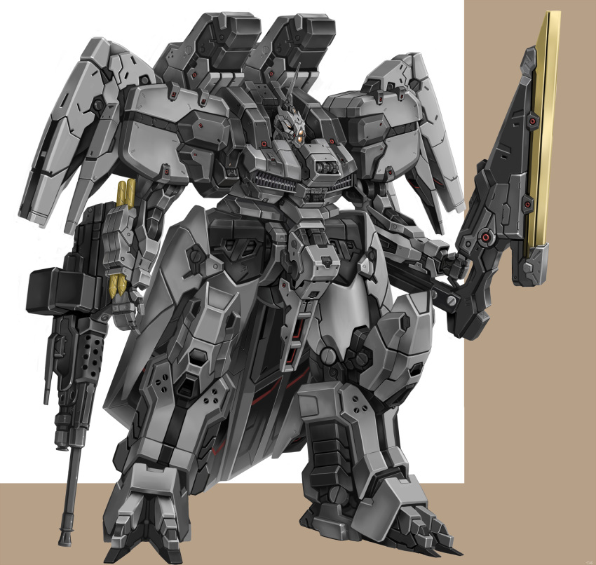 antennae, blade, drill, energy_cannon, gun, highres, machine_gun, mecha, original, robot, rocket_launcher, science_fiction, solo, vuccha, weapon