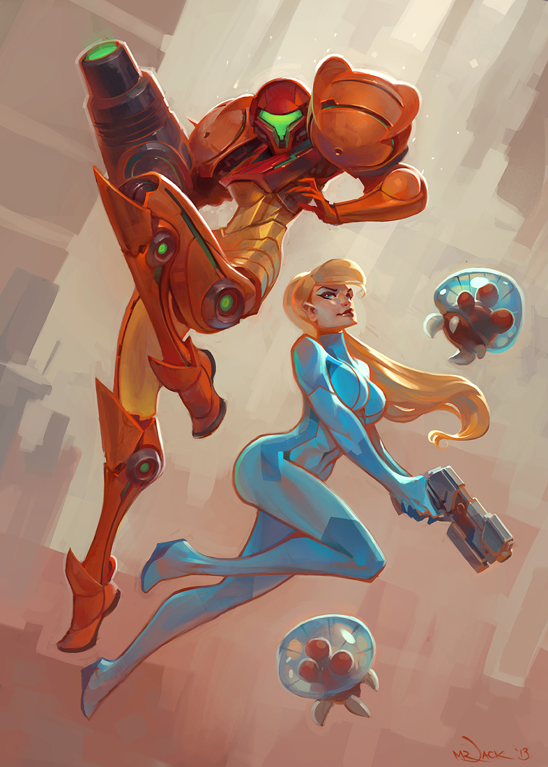 1girl, blonde_hair, blue_eyes, gun, long_hair, luke_mancini, metroid, nintendo, ponytail, samus_aran, varia_suit, weapon, zero_suit