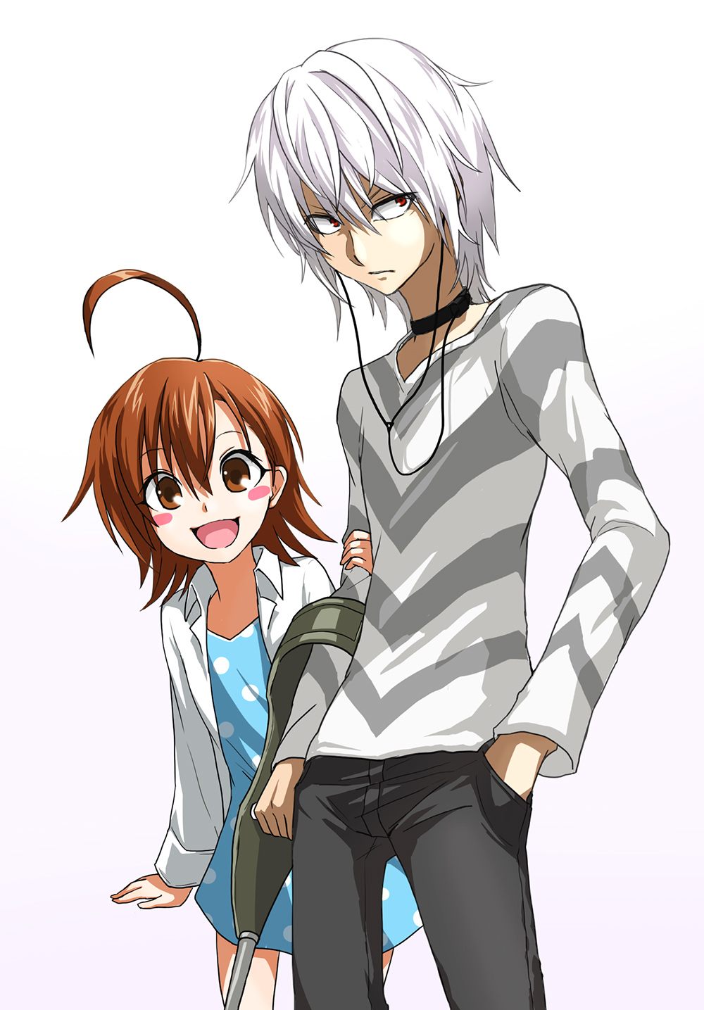 1boy, 1girl, accelerator, blush_stickers, brown_eyes, brown_hair, crutch, earphones, highres, last_order, red_eyes, rokito, shirt, short_hair, striped, striped_shirt, to_aru_majutsu_no_index, white_hair