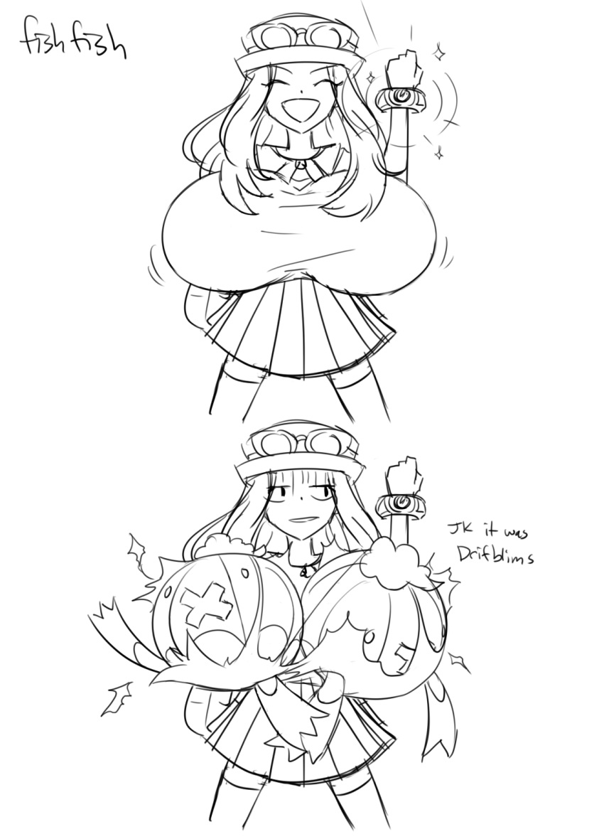 1girl, breast_conscious, cropped_legs, drifblim, fake_breasts, hat, highres, long_hair, matsu-sensei, pokegear, pokemon, pokemon_(game), pokemon_xy, serena_(pokemon), sketch, skirt, sunglasses, sunglasses_on_head, thighhighs, wardrobe_malfunction