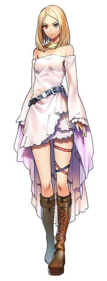 1girl, belt, blonde_hair, boots, brown_eyes, cross-laced_footwear, dress, female, heterochromia, kamen_rider, kamen_rider_gaim_(series), littleb, long_hair, off_shoulder, red_eyes, solo, unknown_girl_(kamen_rider_gaim), white_dress