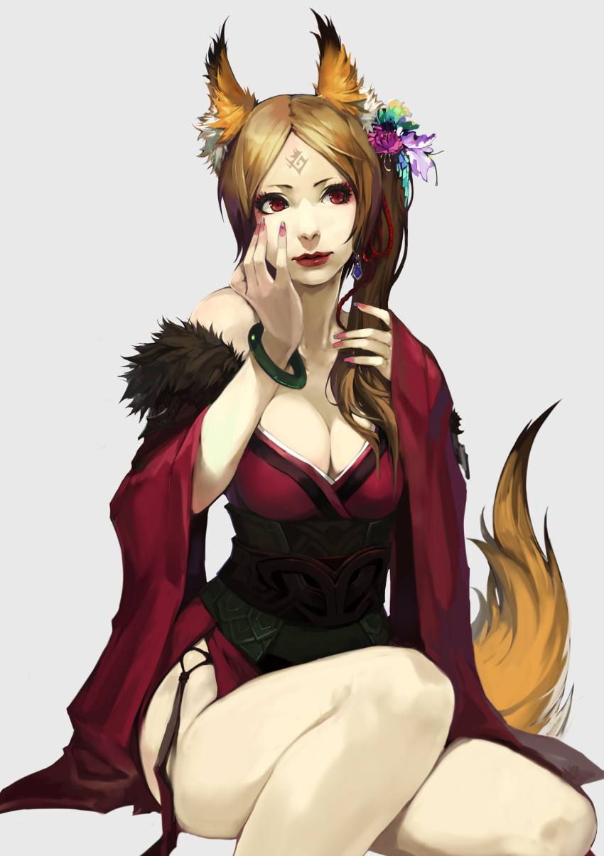1girl, absurdres, animal_ears, bebe1999, bracelet, breasts, brown_hair, cleavage, eyeliner, facial_mark, flower, forehead_mark, fox_ears, fox_tail, hair_flower, hair_ornament, highres, japanese_clothes, jewelry, kimono, large_breasts, lips, long_hair, makeup, nail_polish, obi, off_shoulder, original, red_eyes, side_ponytail, solo, tail, thighs
