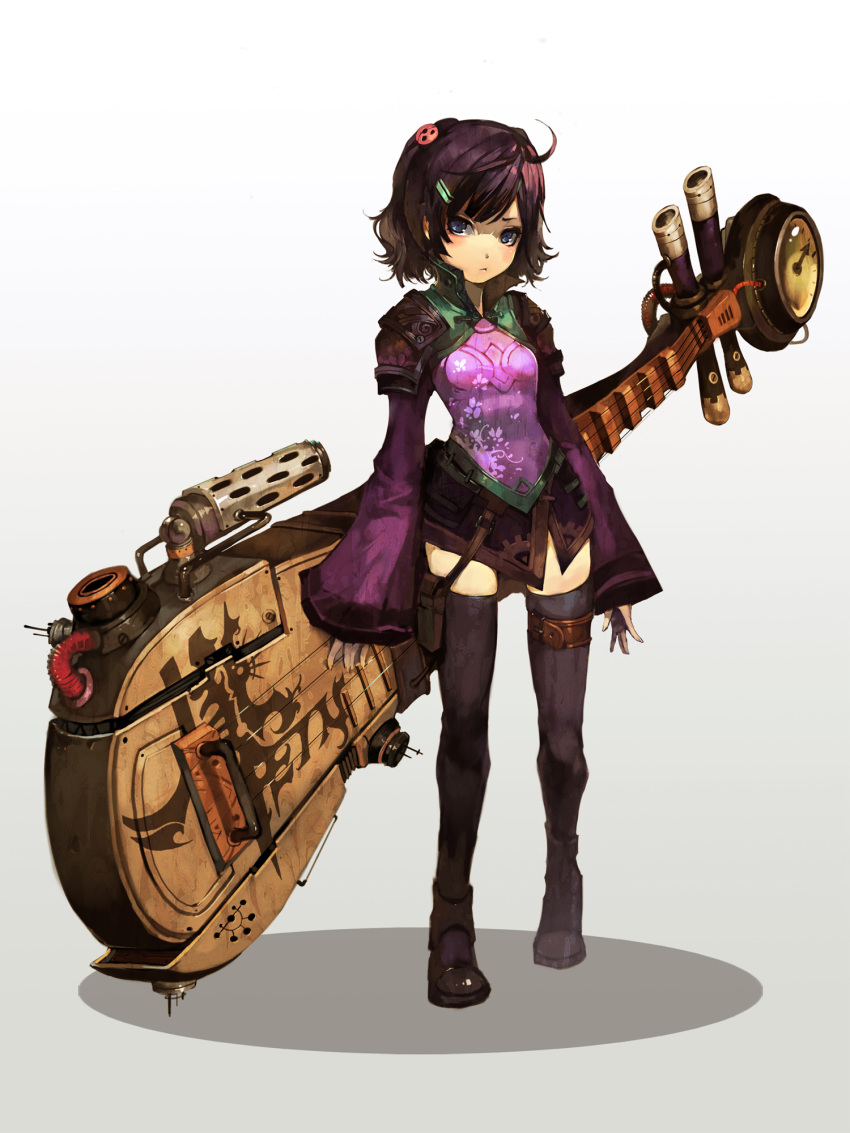 1girl, :<, ahoge, bebe1999, blue_eyes, brown_hair, guitar, hair_ornament