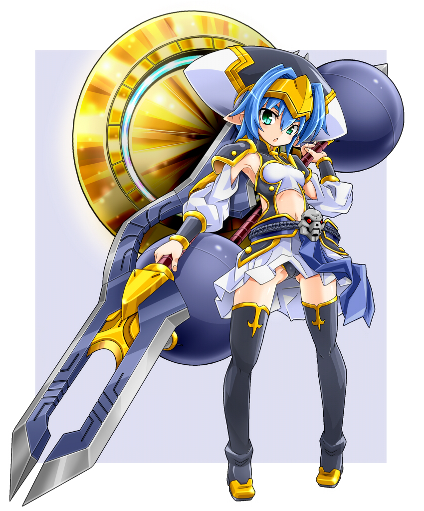 1girl, black_legwear, black_panties, blue_hair, green_eyes, hat, hellmatio, huge_weapon