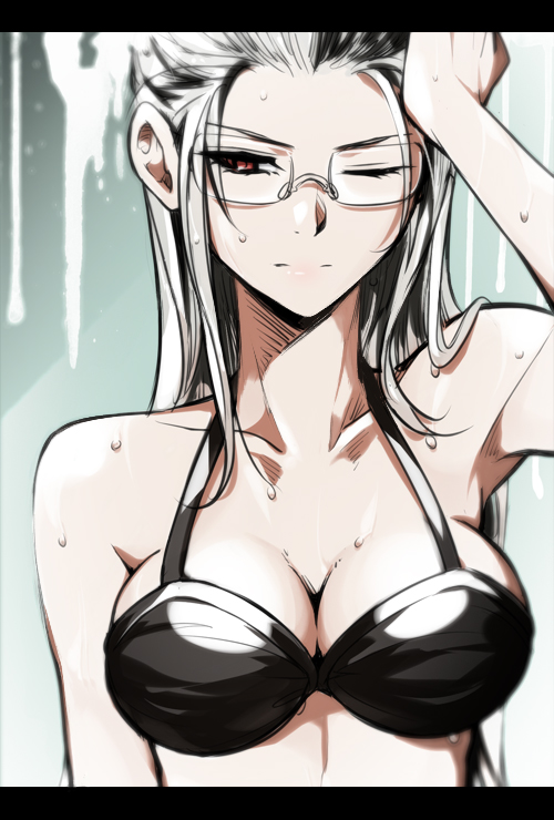 1girl, black_swimsuit, breasts, dangan_ronpa, glasses, kanata_(loser51), large_breasts, long_hair