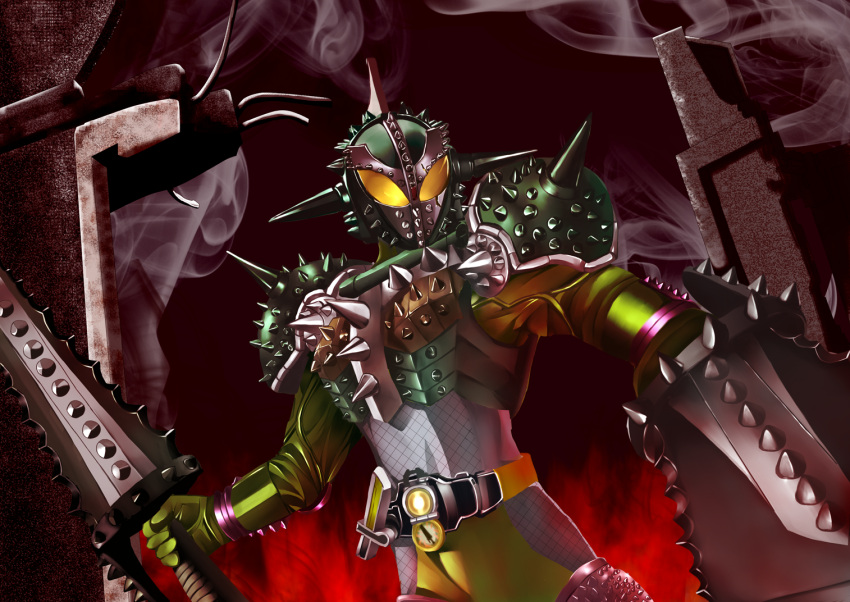 1boy, armor, belt, dual_wielding, durian, inochi_(den-o08), kamen_rider, kamen_rider_bravo
