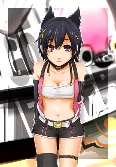 1girl, arms_behind_back, belt, black_legwear, breasts, cleavage, copyright_name, fingerless_gloves