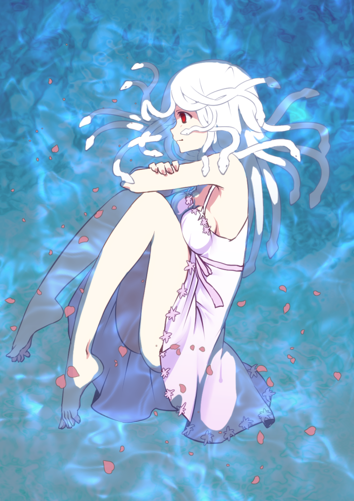 1girl, banchii, barefoot, koimonogatari, living_hair, long_hair, medusa, monogatari_(series)