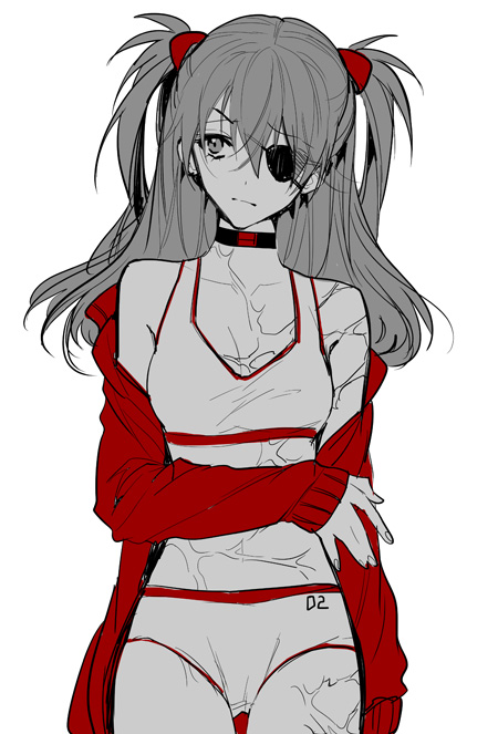 1girl, choker, eyepatch, jacket, jacket_off_shoulders, neon_genesis_evangelion, panties, rebuild_of_evangelion