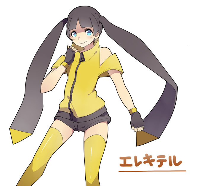 bare_shoulders, black_hair, blue_eyes, fingerless_gloves, gloves, helioptile, panda_tarou, personification
